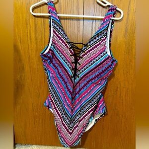 One piece multi-colored swimsuit.